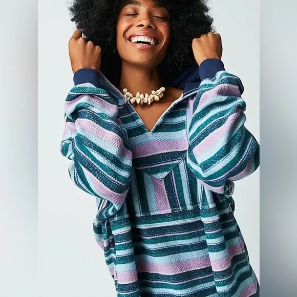 Free People Baja Sweatshirt Oversized V Neck Striped Printed Hoodie Tunic Top S - Picture 3 of 15